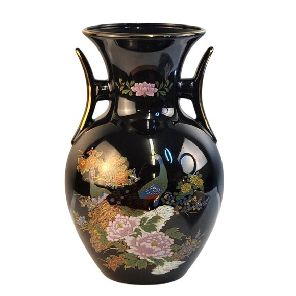 Vintage Black Ceramic Vase With Floral & Peacock Motif Gold Accents Decorative D - Picture 14 of 16